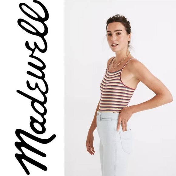 NEW Women's Madewell Rainbow Stripe Ribbed Thong Bodysuit, Size XS and XXS - Red - Picture 2 of 9